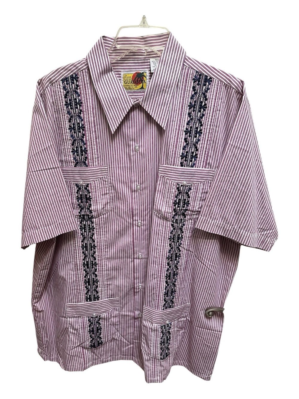 Haband Men's Burgundy and White Striped Short Sleeve Guayabera
